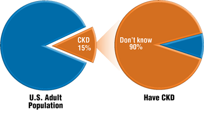 Pie charts showing percent of the US population with chronic kidney disease, and percent of those who don't know it